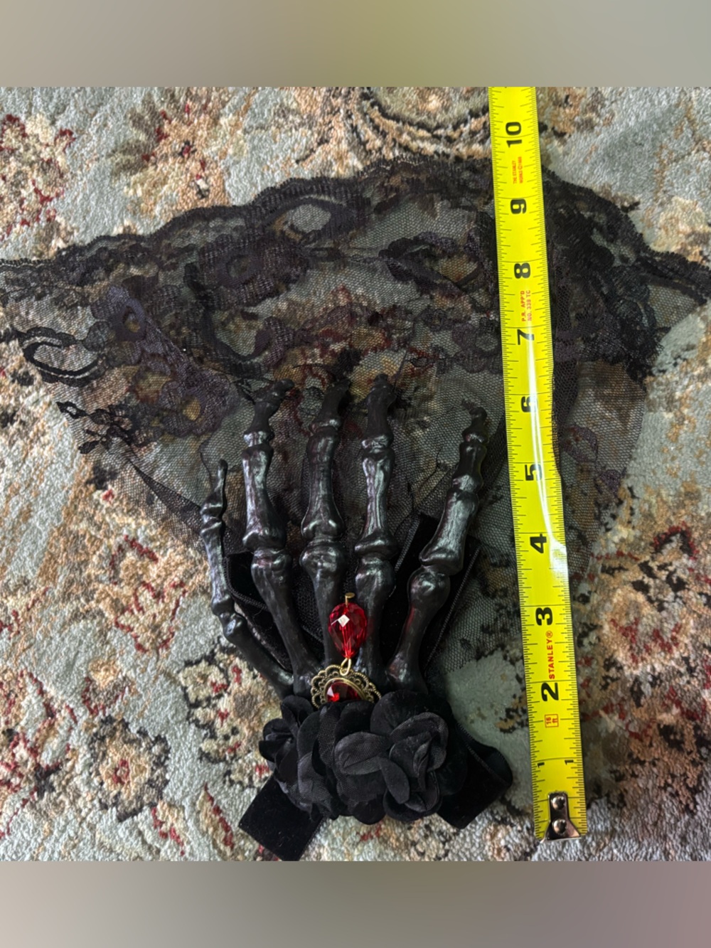 Gothic Skeleton Hand Lace Veil Accessory  Hair Clip- Black with Red Accent